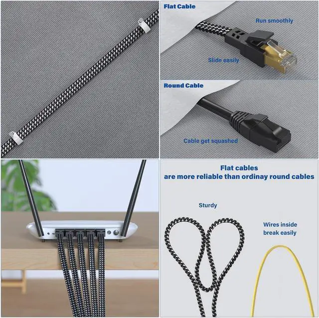 Alt view image 6 of 14 - Cat 8 Ethernet Cable 20 ft, 26AWG Nylon Braided High Speed Heavy Duty Cat8 Network LAN Patch Cord, 40Gbps 2000Mhz SFTP RJ45 Flat Cable Shielded in Wall, Indoor&Outdoor for Modem/Router/Gaming/PC Produ