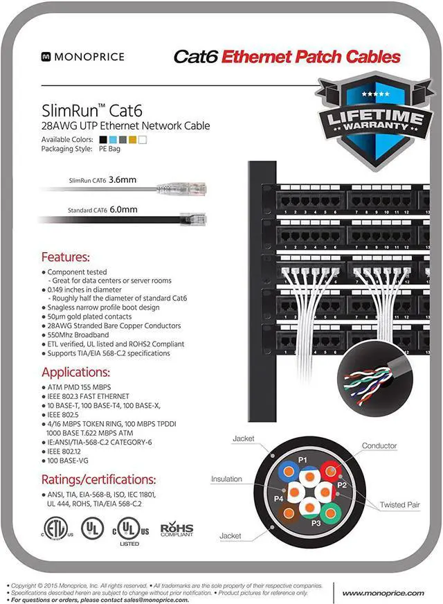 Alt view image 10 of 14 - Monoprice Cat6 Ethernet Patch Cable - 14 feet - Purple, Snagless RJ45 Stranded 550MHz UTP CMR Riser Rated Pure Bare Copper Wire 28AWG - SlimRun Series