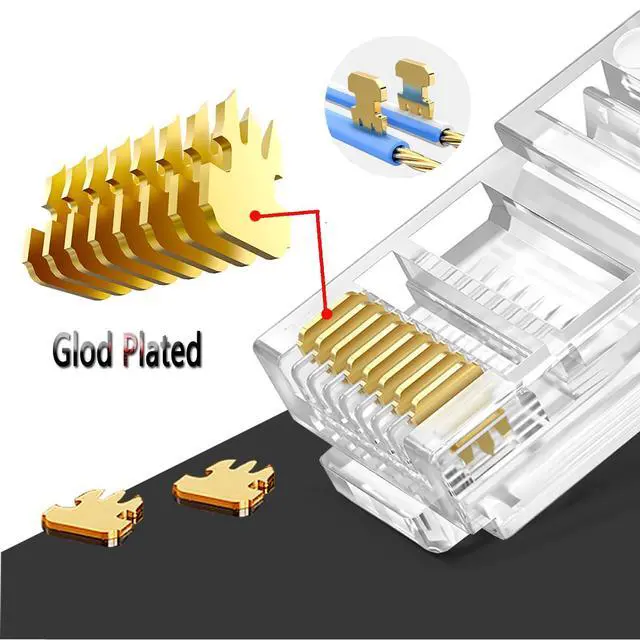 Alt view image 2 of 6 - RJ45 Cat6 Cat5e Pass Through Connectors 100 Packs Gold Plated 3 Prong 8P8C Modular Ethernet UTP Network Cable Plug for Unshielded Twisted Pair Solid Wire & Standard Cables