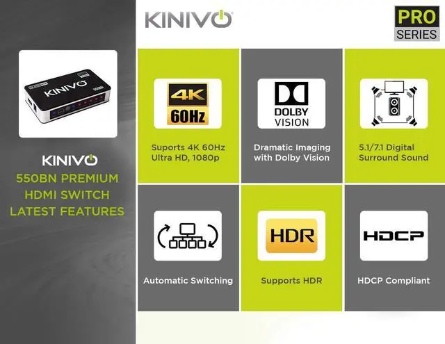 Alt view image 7 of 7 - Kinivo 550BN 4K HDMI Switch with IR Wireless Remote (5 Port 4K 60Hz HDR HDMI 2.0 High Speed-18Gbps Auto-Switching)