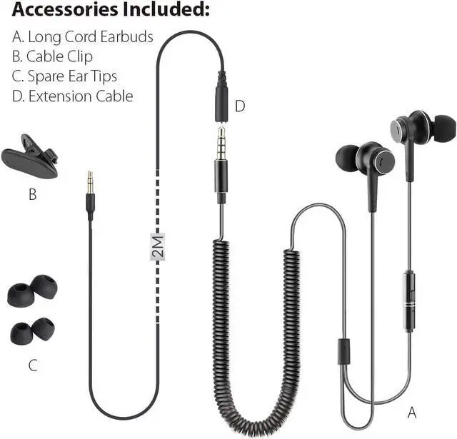 Alt view image 6 of 6 - Long Cord Earbuds for TV & PC 18ft / 5.5m Extension Cable Earphones with Mic & Extra Long Spring Coil Wire Metal Stereo in-Ear Wired Bass Headphones for 3.5mm Audio Output Devices - HF027