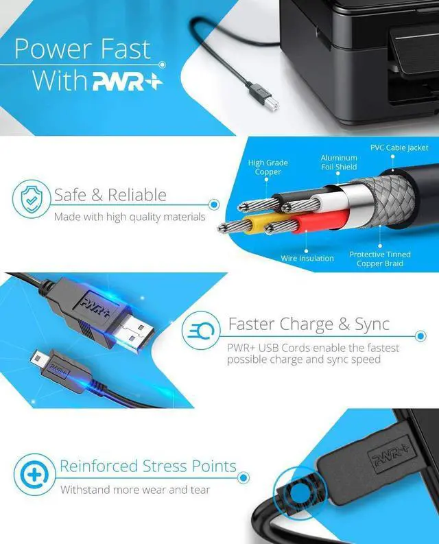 Alt view image 2 of 4 - 12Ft Extra Long USB-Printer-Cable 2.0 for HP OfficeJet Laserjet Envy Canon Pixma Epson Workforce Stylus Expression Home Brother Silhouette Cameo Dell Scanner Fax Cord