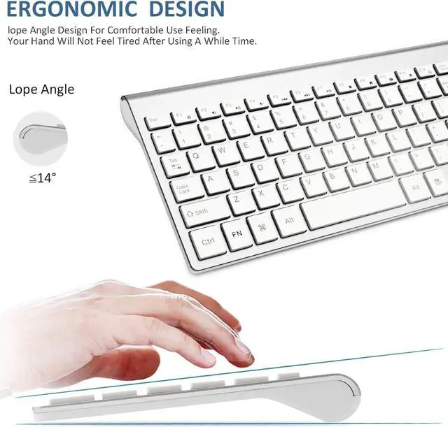 Alt view image 4 of 7 - Keyboard and Mouse Wireless, USB 2.4GHz Combo Silent Quiet Low Profile Compact Full Size Flat Slim Thin Portable with Number Pad Soft Cover for PC Laptop Computer Office - White & Silver