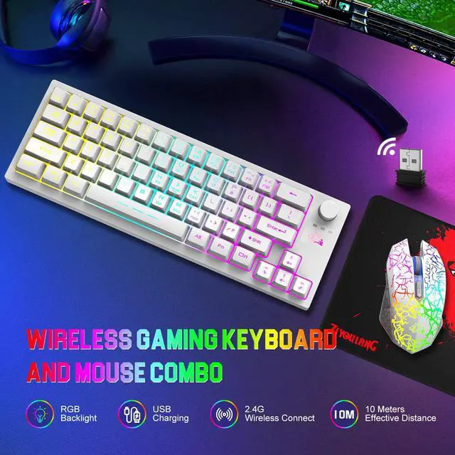 Alt view image 2 of 7 - Wireless Gaming Keyboard and Mouse Combo,64 Key RGB Backlight Rechargeable 4000mAh Battery Keyboard with Ergonomic Mechanical Feel,RGB Mute Mice and Mousepad for PC MAC PS4 Gamer Office Typists(White)