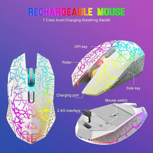 Alt view image 7 of 7 - Wireless Gaming Keyboard and Mouse Combo,64 Key RGB Backlight Rechargeable 4000mAh Battery Keyboard with Ergonomic Mechanical Feel,RGB Mute Mice and Mousepad for PC MAC PS4 Gamer Office Typists(White)
