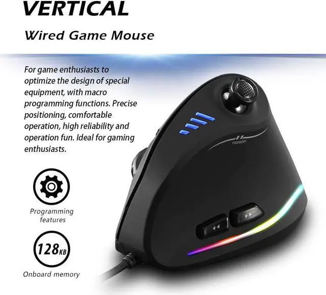 Alt view image 2 of 7 - Vertical Mouse, Ergonomic USB Wired Vertical Mouse with [5 D Rocker] [10000 DPI] [11 Programmable Buttons], RGB Gaming Mouse for Gamer/PC/Laptop/Computer