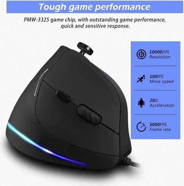 Alt view image 4 of 7 - Vertical Mouse, Ergonomic USB Wired Vertical Mouse with [5 D Rocker] [10000 DPI] [11 Programmable Buttons], RGB Gaming Mouse for Gamer/PC/Laptop/Computer