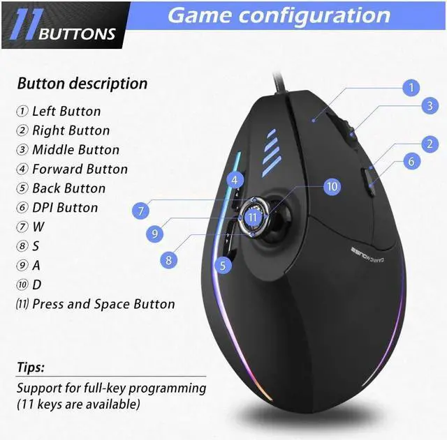 Alt view image 6 of 7 - Vertical Mouse, Ergonomic USB Wired Vertical Mouse with [5 D Rocker] [10000 DPI] [11 Programmable Buttons], RGB Gaming Mouse for Gamer/PC/Laptop/Computer