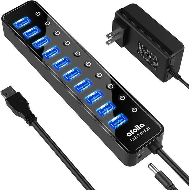 Main image of Powered USB 3.0 Hub,  10 Ports USB Data Hub Splitter with Individual ON/Off Switches and 12V/2.5A Power Adapter USB Extension for Mouse, Keyboard, Hard Drive or More USB Devices