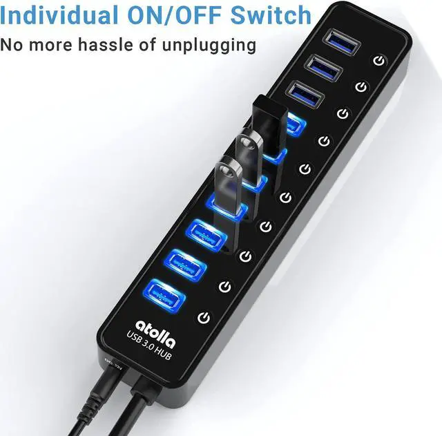 Alt view image 3 of 6 - Powered USB 3.0 Hub,  10 Ports USB Data Hub Splitter with Individual ON/Off Switches and 12V/2.5A Power Adapter USB Extension for Mouse, Keyboard, Hard Drive or More USB Devices