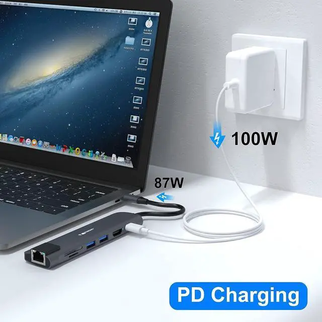 Alt view image 5 of 7 - USB C Hub 7 in 1 Multiport Adapter 4K HDMI,100W Power Delivery,2 USB-A Data Ports,1 Gigabit Ethernet,SD/TF Card Readers,USB C Dongle for MacBook Pro/Air,iPad,iMac,iPhone 15 Pro/Pro Max,and More