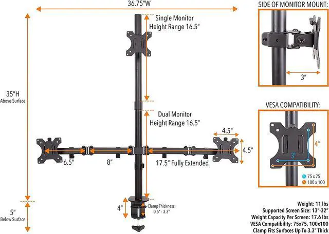 Alt view image 6 of 7 - Stand Steady Triple Monitor Desk Stand with Clamp-On Base, for Home or Office Use, Height Adjustable Computer Monitor Stand with Full Articulation Mounts, Fits Most LCD/LED Monitors 13-32 Inches