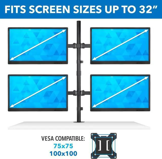 Alt view image 3 of 7 - Mount-It! 4 Monitor Stand | Quad Monitor Desk Mount | Fits Four Computer Screens 19 21 24 27 29 30 32 Inches | Heavy Duty Height Adjustable Arms | VESA 75 100 Compatible | C-Clamp and Grommet Bases