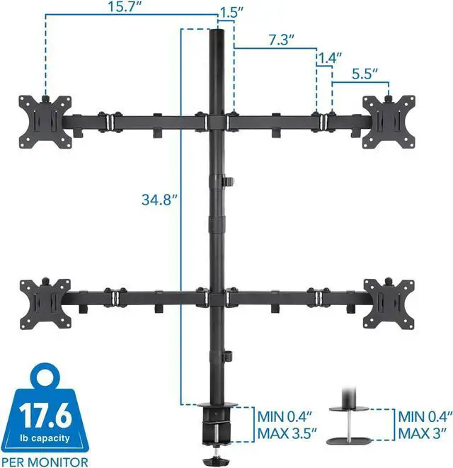 Alt view image 6 of 7 - Mount-It! 4 Monitor Stand | Quad Monitor Desk Mount | Fits Four Computer Screens 19 21 24 27 29 30 32 Inches | Heavy Duty Height Adjustable Arms | VESA 75 100 Compatible | C-Clamp and Grommet Bases