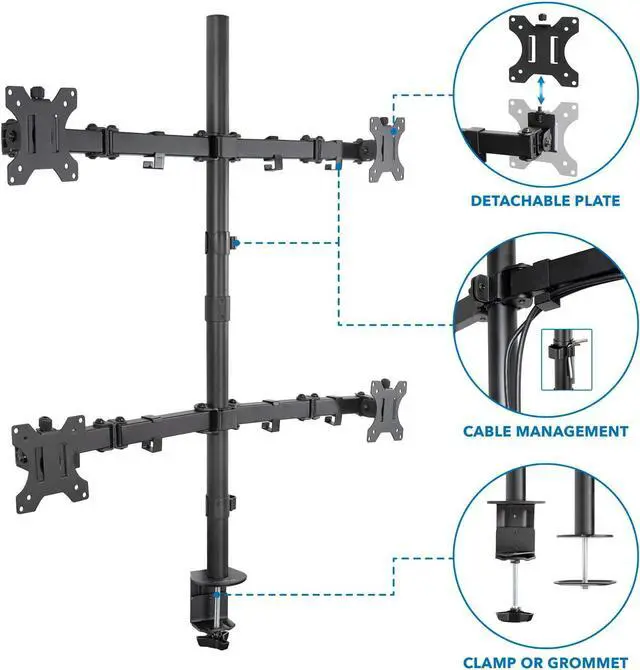 Alt view image 4 of 7 - Mount-It! 4 Monitor Stand | Quad Monitor Desk Mount | Fits Four Computer Screens 19 21 24 27 29 30 32 Inches | Heavy Duty Height Adjustable Arms | VESA 75 100 Compatible | C-Clamp and Grommet Bases