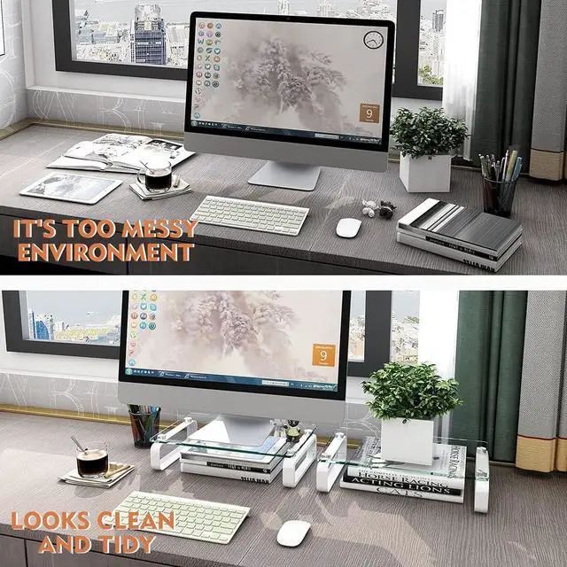 Alt view image 6 of 6 - Hemudu 2 Pack Computer Monitor Stand Riser Multi Media Desktop Stand for Flat Screen LCD LED TV, Laptop/Notebook, with Tempered Glass and Metal Legs,HD02T-201