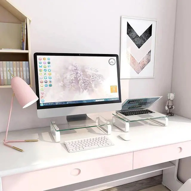 Alt view image 3 of 6 - Hemudu 2 Pack Computer Monitor Stand Riser Multi Media Desktop Stand for Flat Screen LCD LED TV, Laptop/Notebook, with Tempered Glass and Metal Legs,HD02T-201