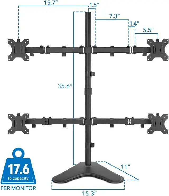 Alt view image 7 of 7 - Mount-It! Quad Monitor Stand | Height Adjustable Free Standing 4 Screen Mount | Fits Monitors up to 32 Inches | Black, Steel | MI-2784
