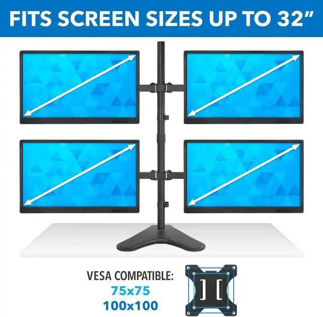 Alt view image 3 of 7 - Mount-It! Quad Monitor Stand | Height Adjustable Free Standing 4 Screen Mount | Fits Monitors up to 32 Inches | Black, Steel | MI-2784