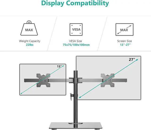 Alt view image 2 of 7 - WALI Free Standing Dual Monitor Stand, Height Adjustable Monitor Mount with Glass Base, Fits LCD LED Flat Curved Screen up to 27 inch, 22lbs, with Grommet Base (GMF002)