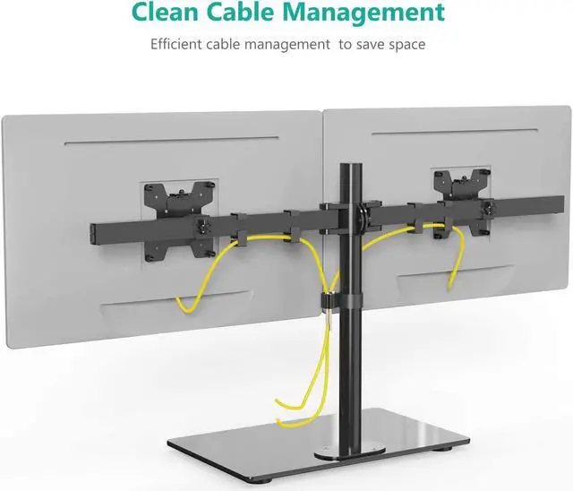 Alt view image 4 of 7 - WALI Free Standing Dual Monitor Stand, Height Adjustable Monitor Mount with Glass Base, Fits LCD LED Flat Curved Screen up to 27 inch, 22lbs, with Grommet Base (GMF002)