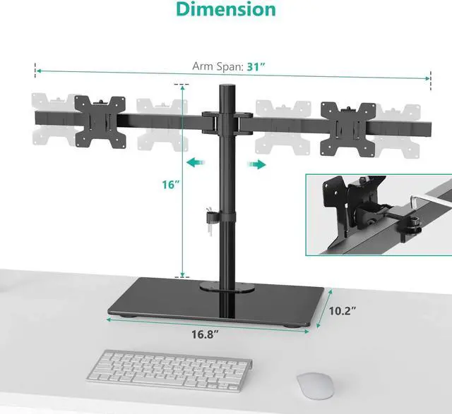 Alt view image 5 of 7 - WALI Free Standing Dual Monitor Stand, Height Adjustable Monitor Mount with Glass Base, Fits LCD LED Flat Curved Screen up to 27 inch, 22lbs, with Grommet Base (GMF002)