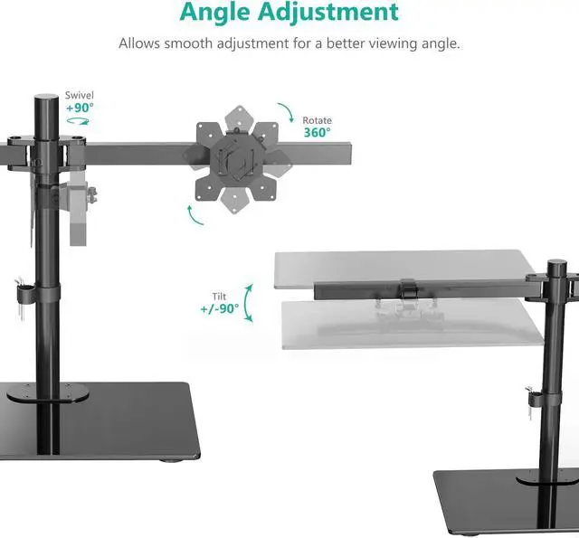 Alt view image 3 of 7 - WALI Free Standing Dual Monitor Stand, Height Adjustable Monitor Mount with Glass Base, Fits LCD LED Flat Curved Screen up to 27 inch, 22lbs, with Grommet Base (GMF002)