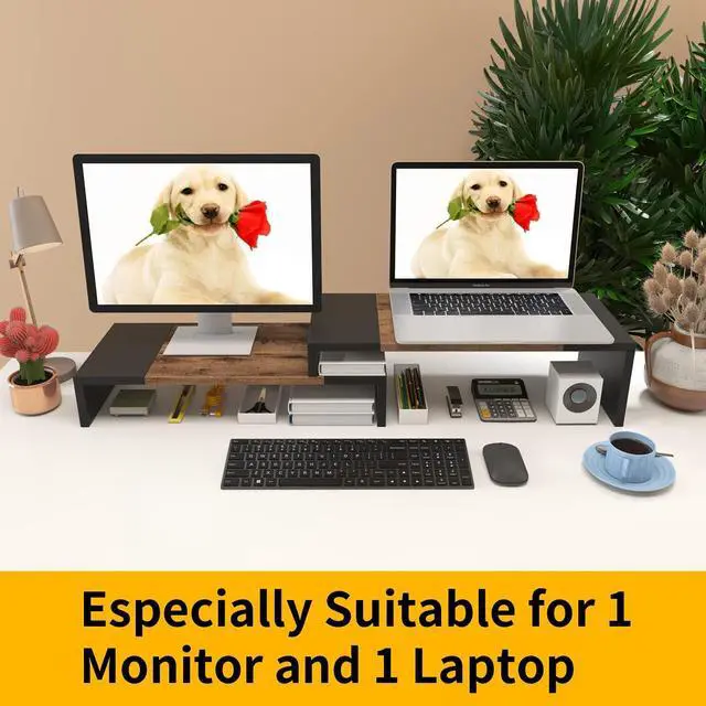 Alt view image 9 of 14 - Dual Monitor Stand Riser for Computer Screens 2 Shelf Computer Monitor Stand with Adjustable Length and Angle PC Stand Desktop Stand Desktop Organizer Desk Riser