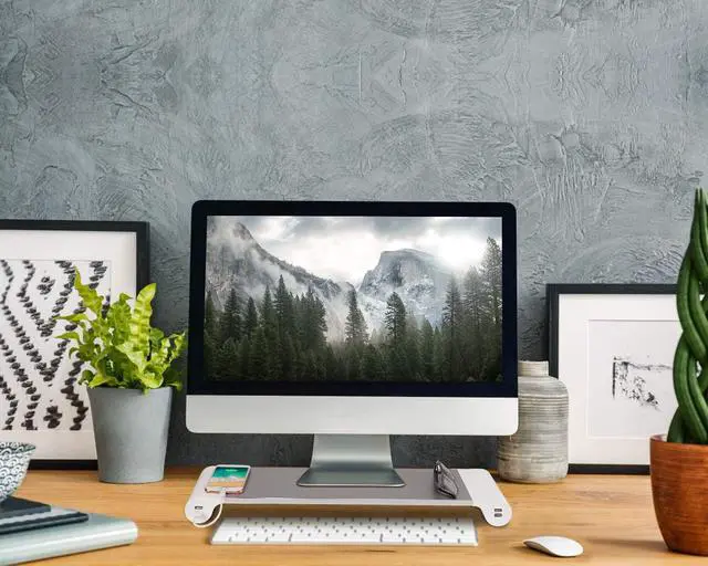 Alt view image 3 of 7 - PG Desktop monitor stand with 4 USB charging ports - Convenient keyboard organiser and monitor raising stand for laptops, TVs, printers, fax machines and computers - Convenient desktop organiser