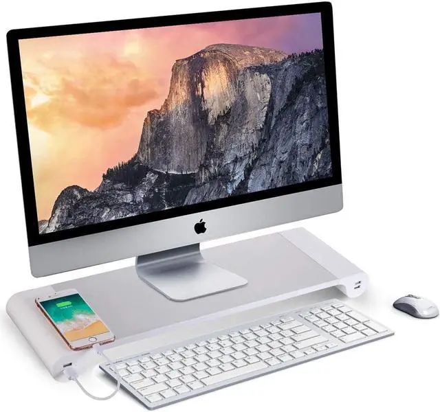 Main image of PG Desktop monitor stand with 4 USB charging ports - Convenient keyboard organiser and monitor raising stand for laptops, TVs, printers, fax machines and computers - Convenient desktop organiser