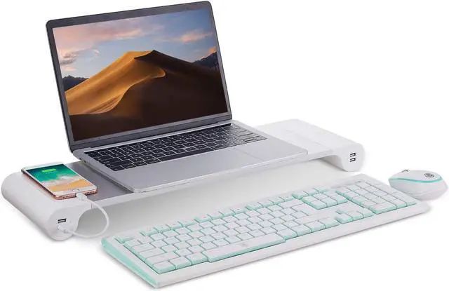 Alt view image 5 of 7 - PG Desktop monitor stand with 4 USB charging ports - Convenient keyboard organiser and monitor raising stand for laptops, TVs, printers, fax machines and computers - Convenient desktop organiser