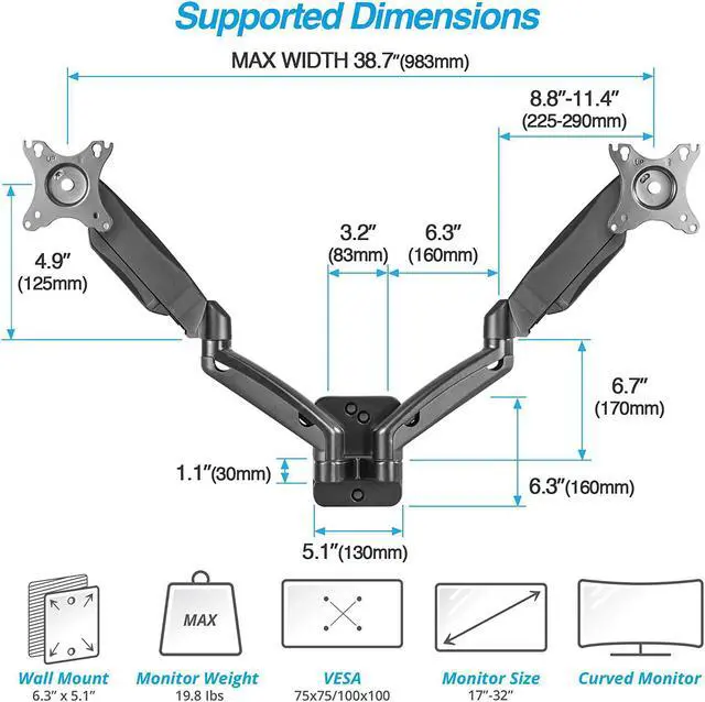 Alt view image 2 of 7 - AVLT Dual 17"-32" Monitor Wall Mount fits Two 19.8 lbs Flat/Curved Computer Monitor Full Motion Height Swivel Tilt Rotation Adjustable Monitor Arm - VESA/Cable Management