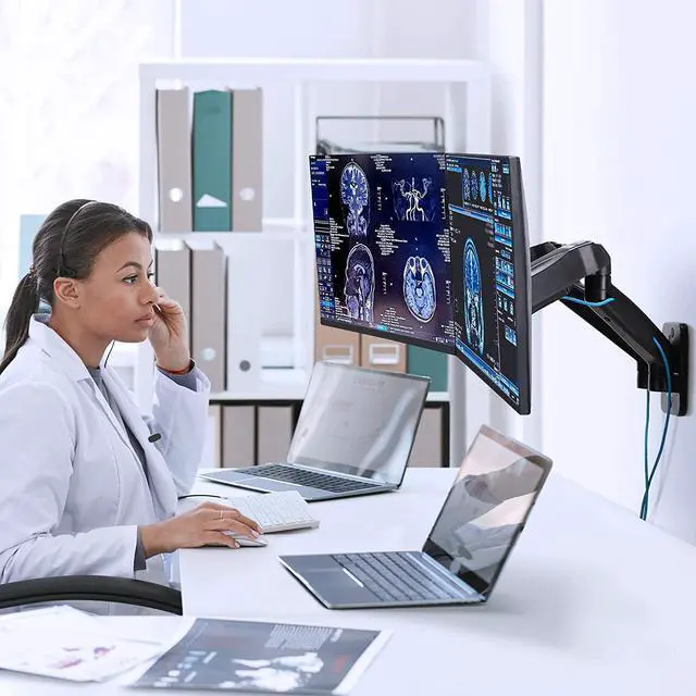 Alt view image 6 of 7 - AVLT Dual 17"-32" Monitor Wall Mount fits Two 19.8 lbs Flat/Curved Computer Monitor Full Motion Height Swivel Tilt Rotation Adjustable Monitor Arm - VESA/Cable Management