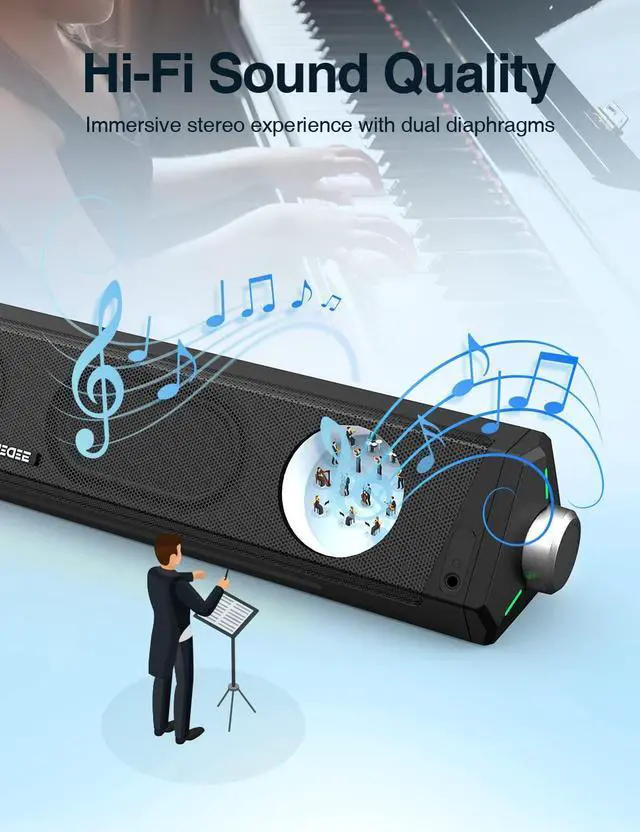 Alt view image 9 of 9 - Computer Speakers Dynamic RGB Computer Sound Bar HiFi Stereo Bluetooth 5.0 & 3.5mm Aux-in Connection USB Powered Computer Speakers for Desktop PC Laptop Tablets