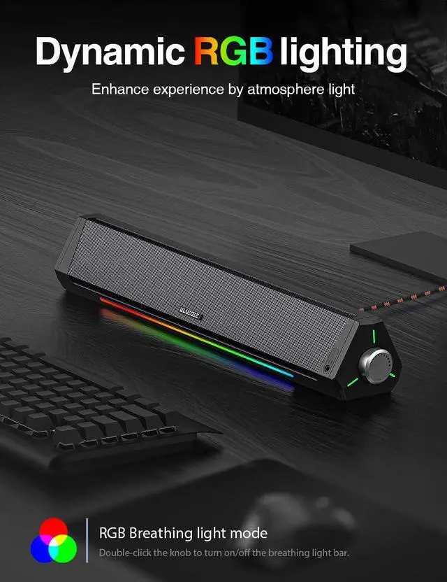 Alt view image 8 of 9 - Computer Speakers Dynamic RGB Computer Sound Bar HiFi Stereo Bluetooth 5.0 & 3.5mm Aux-in Connection USB Powered Computer Speakers for Desktop PC Laptop Tablets