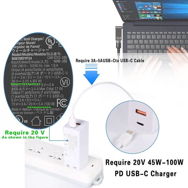 Alt view image 2 of 6 - Type-C USB C to 4.0x1.7mm Laptop Charging Cable 65w or 100w PD GaN Charger 20V Activation Adapter Compatible with Lenovo IdeaPad 330-14, 330-15, 330-17, 510-15, 330s-14, 330s-15 Flex 6-14 Laptop Cord
