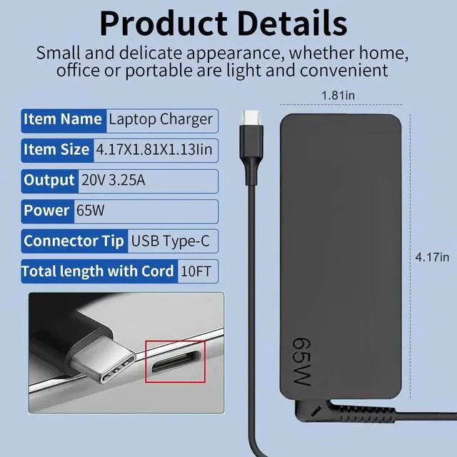 Alt view image 2 of 6 - 65W USB C Laptop Charger for Lenovo Thinkpad T480 T580, Yoga, Chromebook Computer Power Cord Replacement Type C Lenovo Laptop Charger USB C