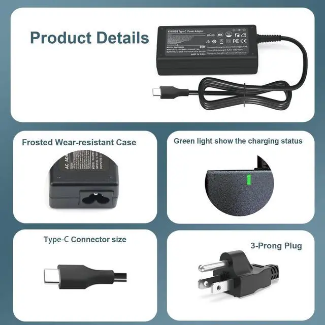 Alt view image 2 of 6 - 65W USB C Laptop Charger Fit for Dell Chromebook/Latitude/XPS Laptop, Chromebook 3100 3110 and More USB Type C Power Adapter