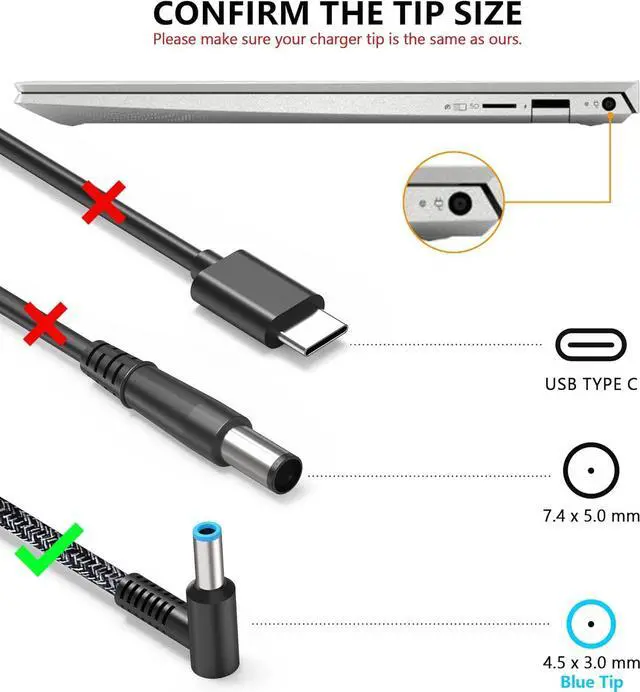 Alt view image 2 of 7 - New Slim 65W Laptop Charger for HP Envy x360, Spectre x360 13-4193nr 15-ap001nx 15t-ap000, ProBook X360 11 450 650 640 G1 G2 G3 G4 G5 G6 G7, EliteBook Pavilion Stream X360 Blue Tip Power Supply Cord