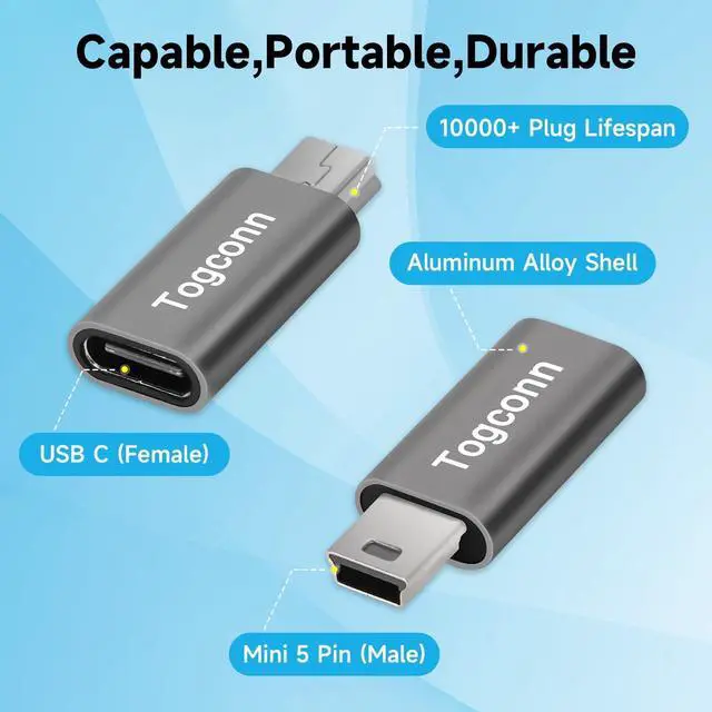 Alt view image 2 of 5 - USB C to Mini USB Adapter (2 Pack) Type C (Female) to Mini USB (Male) Convert Connector Support Charge & Data Sync for GoPro Hero 3+ MP3 Players and Other Mini USB Devices