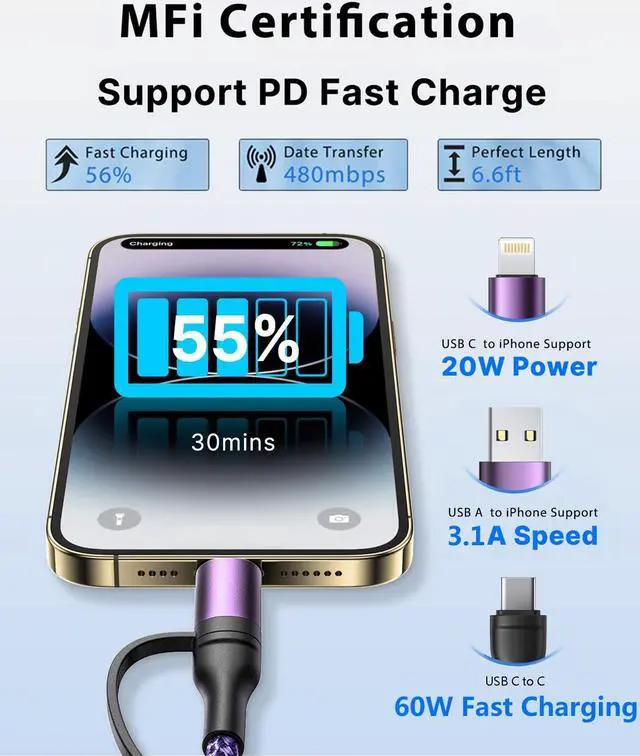 Alt view image 3 of 7 - 4 in 1 Fast Charging Cable 60W 6FT  MFi Certified USB C to Lightning Cable Nylon Braided USB A/C to C/Lightning Multi iPhone Charger Cord for iPhone 16 15 14 13 Pro/iPad//MacBook