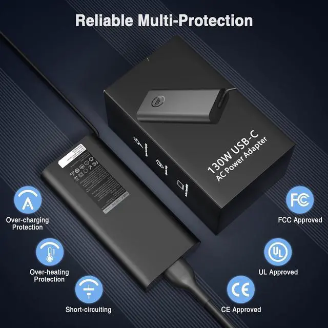 Alt view image 2 of 7 - 130W USB C Laptop Charger for  XPS 15 2-in-1 9575 9500 XPS 17 9700 Precision 5530 2-in-1 5550 5750 3660 3551 Latitude 7410 7310 7210 9410 9510 5420 5520 Type C Power Adapter