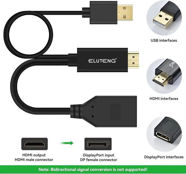 Alt view image 6 of 7 - ELUTENG HDMI to DisplayPort Adapter with USB Power - 4K@60Hz HDMI to DP Cable for Computer, Monitor, PS4, Xbox