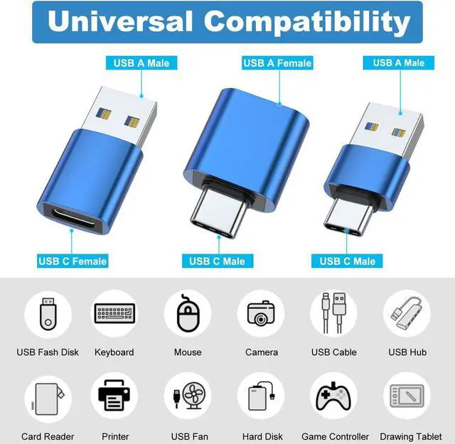 Alt view image 2 of 7 - USB to USB C Adapter (6 Pack) USB C Male to USB 3.0 Female OTG Converter Type-C Female to A Male Connector (Blue)
