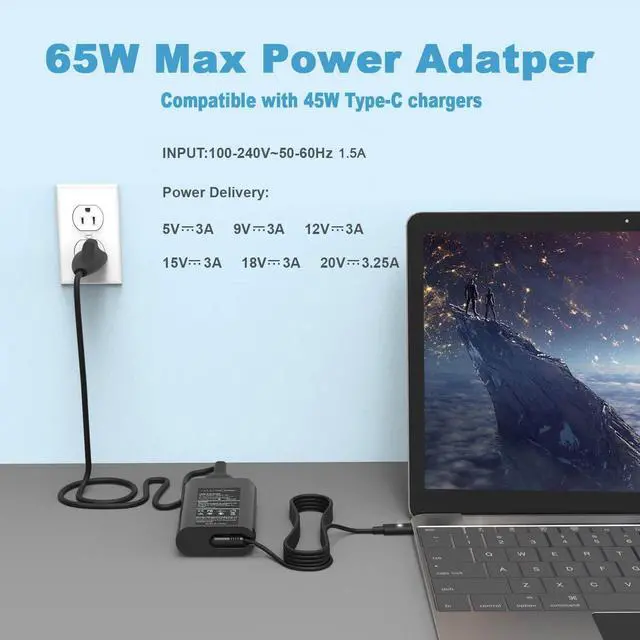 Alt view image 2 of 7 - 65W 45W USB C Laptop Charger Fits for Dell Latitude 5420 7420 5520 5440 5540 7440 5430 5530 7430 7330 7400 7410 5320 5450 7450 2in1 Power Cord, Type C XPS 13 Computer AC Adapter