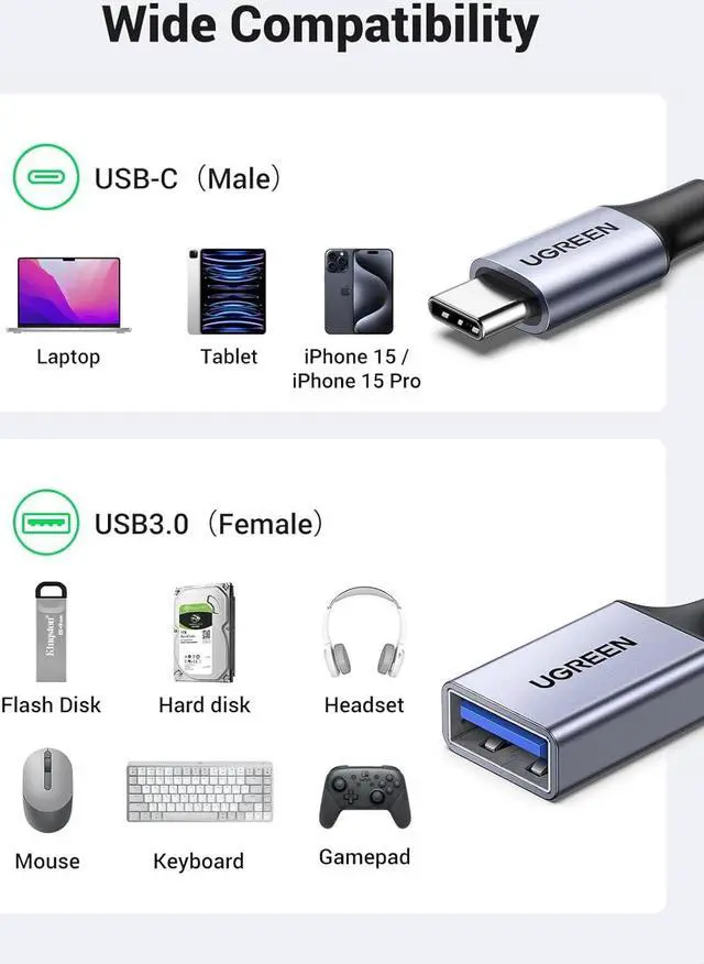 Alt view image 2 of 7 - USB C to USB A 3.2 Adapter USB C Male to USB Female Adapter Nylon Braid Type C OTG Cable Compatible with iPhone 16 15 Pro  S23 Ultra MacBook Pro 2022 MacBook Air/Mini iPad