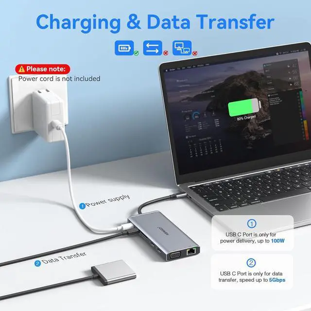Alt view image 5 of 7 - USB C Docking Station Dual Monitor for Dell/HP/Lenovo/Surface Laptop, 14 in 1 Triple Display Hub Multiple Adapter, Dongle with 2 HDMI 4K+VGA+5 Port+100W PD Charger+Ethernet+SD/TF(Grey+Black+Silver)