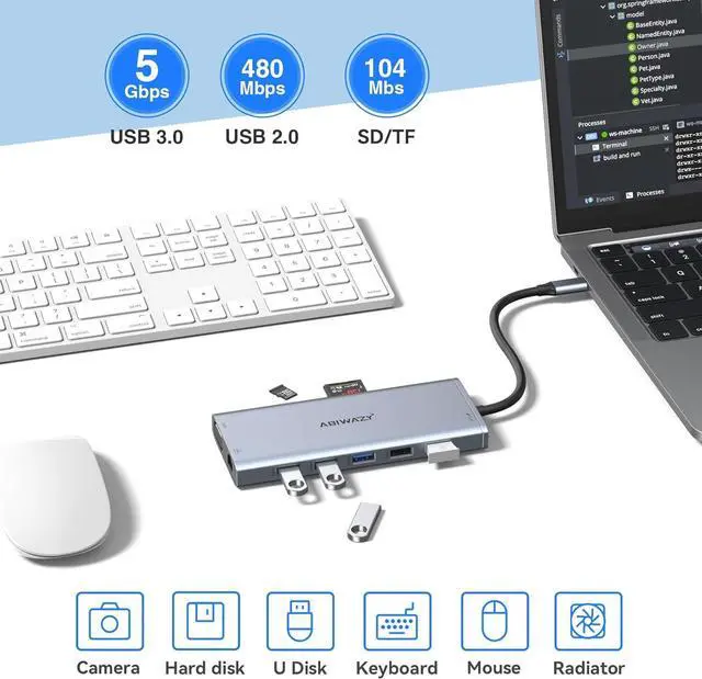 Alt view image 7 of 7 - USB C Docking Station Dual Monitor for Dell/HP/Lenovo/Surface Laptop, 14 in 1 Triple Display Hub Multiple Adapter, Dongle with 2 HDMI 4K+VGA+5 Port+100W PD Charger+Ethernet+SD/TF(Grey+Black+Silver)