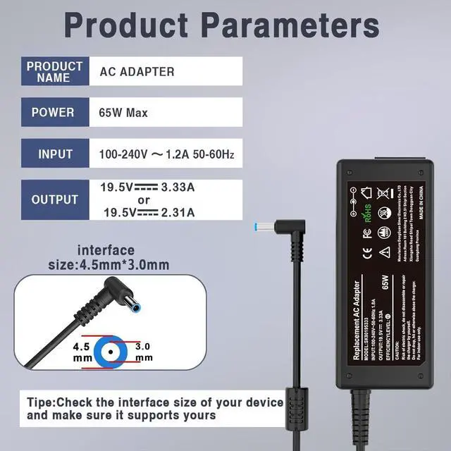 Alt view image 2 of 7 - 19.5V 3.33A 65W Laptop Charger for HP Elitebook 840 850 845 830 820 G3 G4 G5 G7 G8 G9, HP ProBook, Envy, Pavilion, Spectre, Stream, Notebook 15 Series Smart Blue Tip Power Cord Adapter