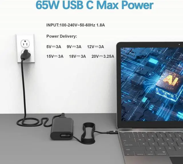Alt view image 2 of 7 - 65W 45W USB C Laptop Charger for  Computer Latitude 5450 5440 5540 7440 5420 7420 5520 5430 7430 5530 5550 7450  13 14 16 Pro Plus Power Cord XPS 13 Type C AC Adapter Chromebook 3100